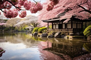 Hamarikyu Gardens, Japan: A traditional Japanese garden with cherry blossoms and a scenic tea house.