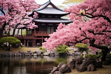 Hamarikyu Gardens, Japan: A traditional Japanese garden with cherry blossoms and a scenic tea house.