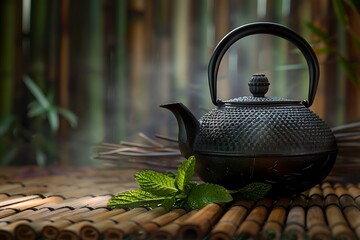Tea kettle with mint on bamboo .