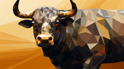 A close up illustration of a bull, brown and gold colors, mosaic style, vector based, highly detailed