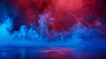 Swirling vivid blue smoke above a deep red floor, creating a misty and surreal atmosphere.