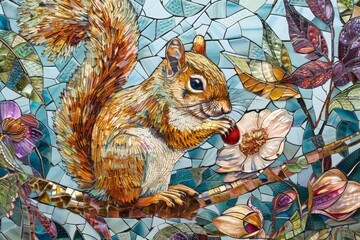 A squirrel sitting on a branch, gnawing on a nut, with a background of leaves and flowers. Each tile of the mosaic should capture intricate details, from the texture of the squirrel's fur