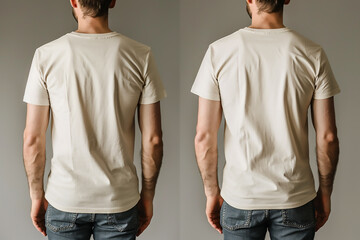 Anonymous male in blank  t-shirt, front and back view, isolated over gray background with clipping path. Design men shirt mock up template or print