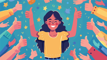 Happy young woman surrounded by hands with thumbs up