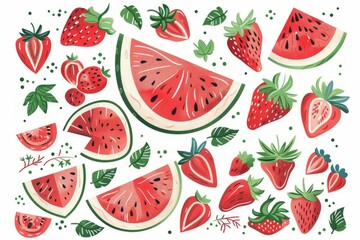 a set of watermelon and strawberry in the hand-drawn style and boho colors.