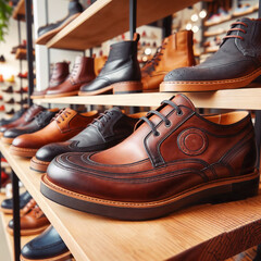 A variety of men's dress shoes are displayed on wooden shelves in a store. The shoes come in different colors and styles, including Oxford, Derby, and Wingtip designs. The shoes are made from leather 