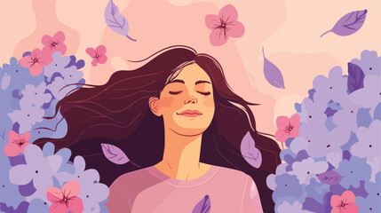 Happy young woman with hydrangea flowers on lilac background