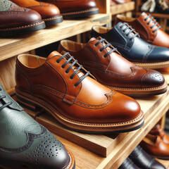 A variety of men's dress shoes are displayed on wooden shelves in a store. The shoes come in different colors and styles, including Oxford, Derby, and Wingtip designs. The shoes are made from leather 