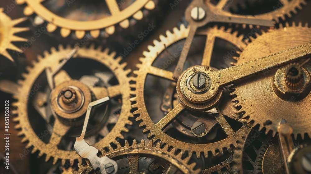 Poster gears and cogs in motion inside a clock, macro shot, precise focus, metallic texture, soft light.