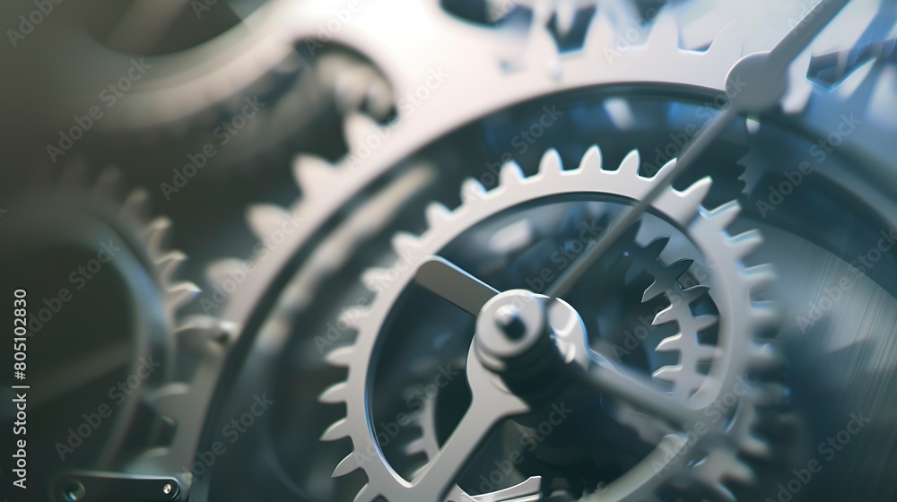 Poster gears and cogs in motion inside a clock, macro shot, precise focus, metallic texture, soft light.