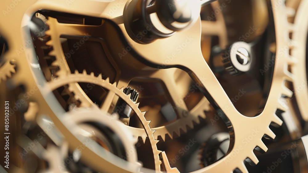 Poster gears and cogs in motion inside a clock, macro shot, precise focus, metallic texture, soft light.
