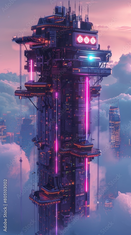 Canvas Prints a tall building with neon lights and a neon sign on top