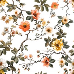 Floral seamless blue pattern nature vintage textile rose leaf background flower wallpaper
