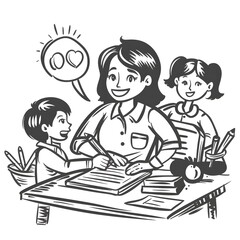 Black and white cartoon illustration of elementary school kids studying or learning in classroom
