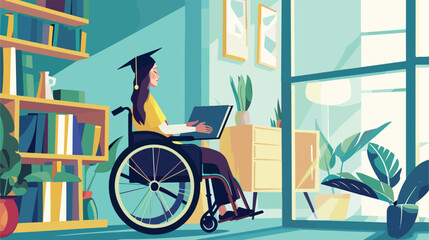 Female graduate in wheelchair with diploma at home Vector