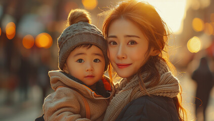 Fototapeta premium Happy mother holding her baby against a nature background