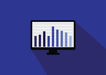 Computer monitor with graph icon in flat design style with long shadow. Business Graph on blue background