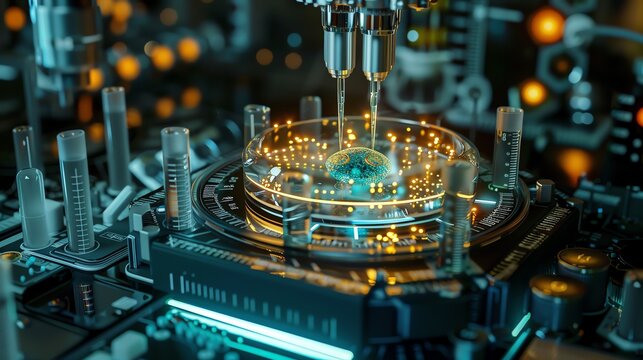 A close-up 3D model of a miniature laboratory setting where a single dinosaur cell is being fertilized, magnified to show complex technology interfaces marked by tiny glowing dots.
