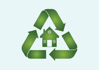 Vector illustration of a unique and eco-friendly green house with sustainable symbol of recycling. Green eco concept.