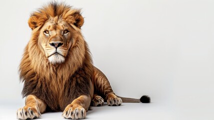 A lion is laying down on a white background