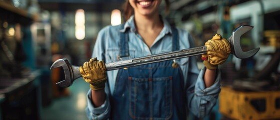 A woman is holding a wrench in her hand - Powered by Adobe