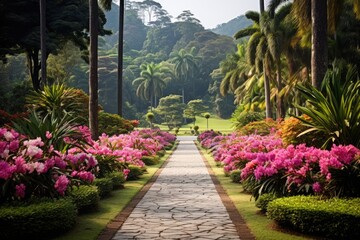 Royal Botanical Gardens, Peradeniya, Sri Lanka: A tropical scene featuring palm-lined avenues and exotic blooms.