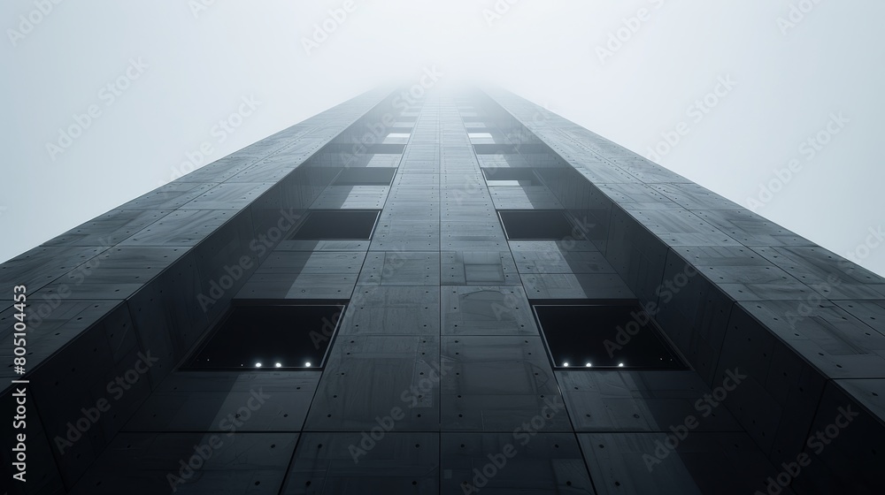 Poster a tall building with many windows and a gray sky in the background