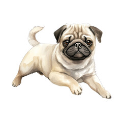 AI-Generated Watercolor cute Pug jumping Clip Art Illustration. Isolated elements on a white background.