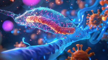 A macro 3D illustration of a biomechanical pancreas that uses mechanical regulators and plant enzymes to control insulin levels, presented in a medical research context. - obrazy, fototapety, plakaty