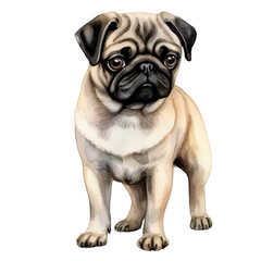 Obraz premium AI-Generated Watercolor cute Pug standing Clip Art Illustration. Isolated elements on a white background.