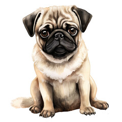 AI-Generated Watercolor cute Pug sitting Clip Art Illustration. Isolated elements on a white background.