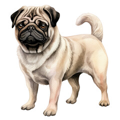 AI-Generated Watercolor cute Pug standing Clip Art Illustration. Isolated elements on a white background.