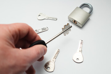 Wrong key for the lock. Incorrect system security key or password. Choice of right decision concept.
