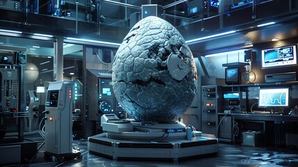 A 3D high-tech laboratory where scientists use advanced technology to fertilize a dinosaur egg