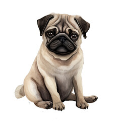 AI-Generated Watercolor cute Pug sitting Clip Art Illustration. Isolated elements on a white background.