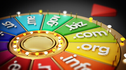 Domain name extensions on prize wheel. 3D illustration