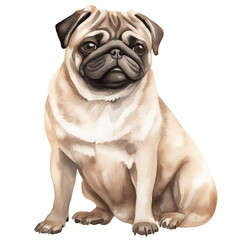 Obraz premium AI-Generated Watercolor cute Pug sitting Clip Art Illustration. Isolated elements on a white background.