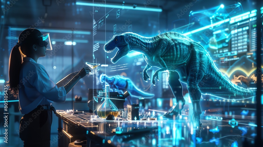 Aufkleber a 3d of scientists in a lab, using a holographic interface dotted with lights to select and fertiliz