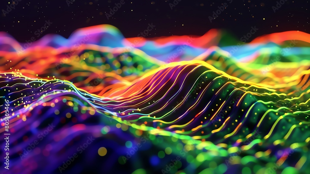 Poster a 3d scene depicting a field of grass waving rhythmically, each blade tipped with a neon dot to visu