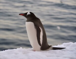 Obraz premium Pinguin in der Antarktis steht auf Schnee - freie Wildbahn