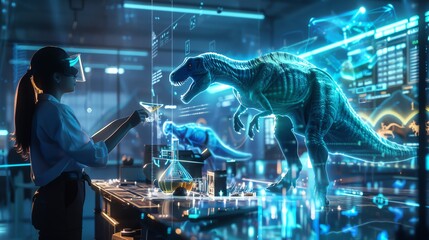 A 3D of scientists in a lab, using a holographic interface dotted with lights to select and fertilize dinosaur genes