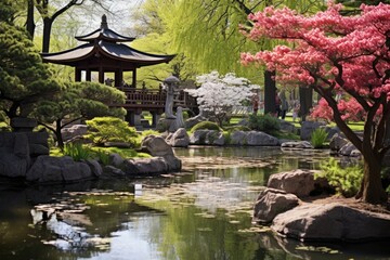 Montreal Botanical Garden, Canada: A spring scene from the Japanese Garden and Chinese Garden.