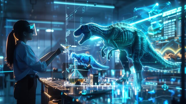 A 3D of scientists in a lab, using a holographic interface dotted with lights to select and fertilize dinosaur genes