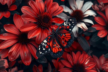 Red, black, and white spotted butterfly perched above deep red and black flowers. The butterfly's wings are spread elegantly, displaying its intricate patterns against the rich colors of the flowers
