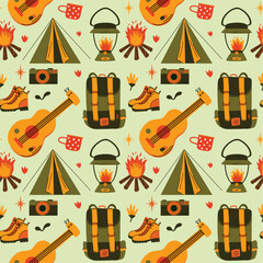 Retro camping seamless vector pattern with backpack, hiking boots, campfire, guitar, tent, mug, camera, lantern, flowers. Cartoon design elements collection travel, tourism, trekking outdoor concept