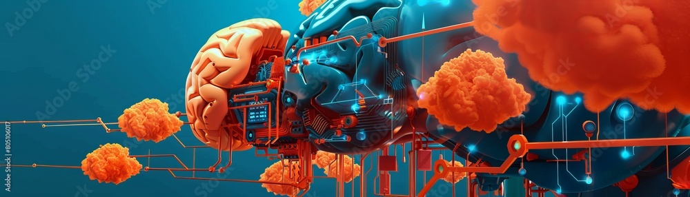 Poster a conceptual scene depicting an engineers mind as a complex network of clouds and brain-like structu