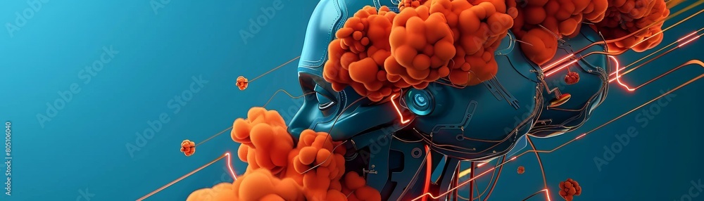 Poster a conceptual scene depicting an engineers mind as a complex network of clouds and brain-like structu