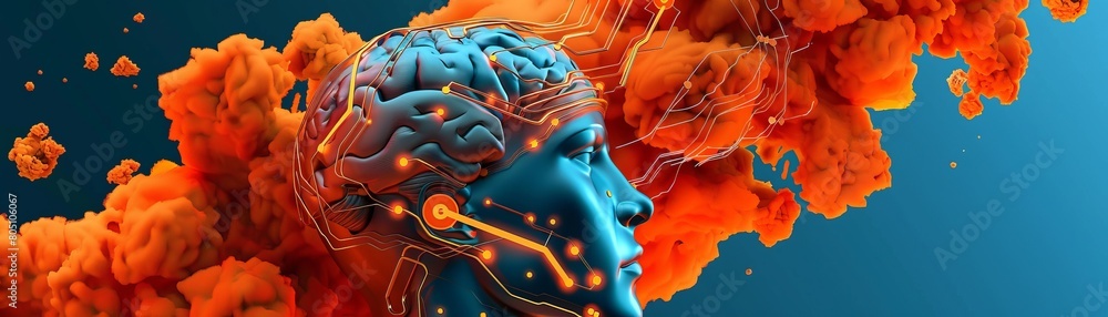 Poster a conceptual scene depicting an engineers mind as a complex network of clouds and brain-like structu