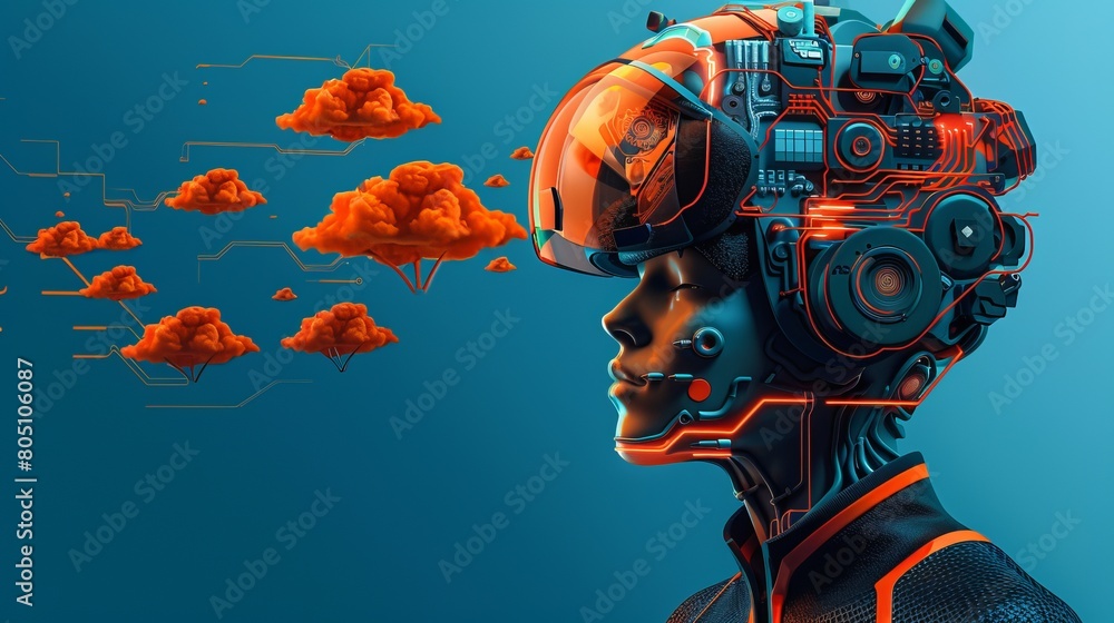 Poster advanced cybernetic interface on humanoid profile. view of a humanoid with an advanced cybernetic in
