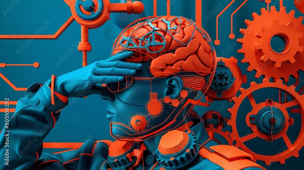 Poster imagine an engineer deep in thought, surrounded by floating gears and circuit diagrams, with a trans
